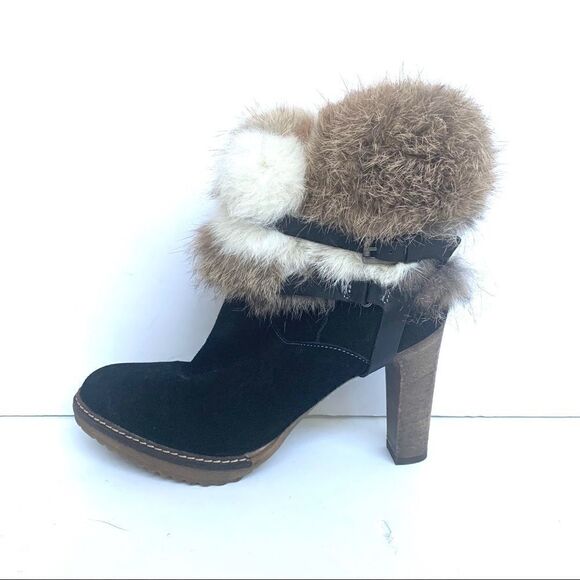 NEW MINELLI BLACK SUEDE HEELED BOOTS WITH FUR - Picture 2 of 8